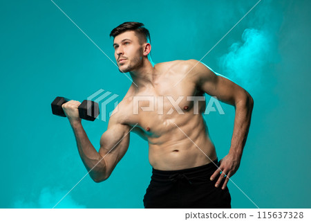 A man with a shirt is shown performing dumbbell exercises on a solid blue background. He is lifting the dumbbells with both hands, focusing on his bicep muscles 115637328