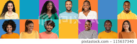 Portrait of young black, indian, arab people on colorful studio background, enjoy perfect teeth and meeting, with blank space for ad and offer, panorama, collage. Emotions, lifestyle Portrait of young black, indian, arab people on colorful studio background, enjoy perfect teeth and meeting, with blank space for ad and offer, panorama, collage. Emotions, lifestyle 115637340