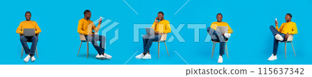 Collage with middle aged black man using different gadgets sitting on chair, browsing internet on laptop, cellphone, enjoying online leisure, blue background, panorama 115637342