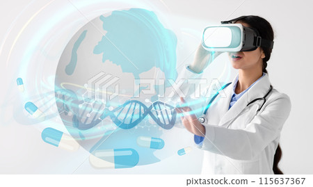 Medical geneticist young woman wearing medical coat touching hologram, doctor exploring 3D DNA model, using VR glasses, collage, panorama. Modern technologies in medical care concept Medical geneticist young woman wearing medical coat touching hologram, doctor exploring 3D DNA model, using VR glasses, collage, panorama. Modern technologies in medical care concept 115637367