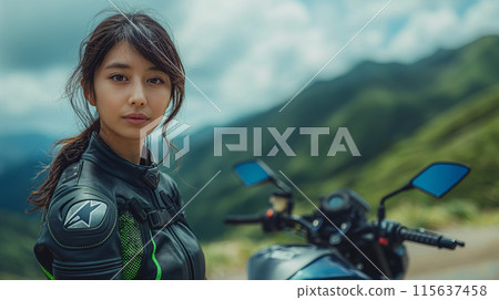 Woman standing next to a motorcycle 115637458