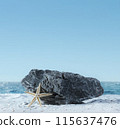 Background for cosmetic products on beach with sand. Natural rock stone podium and starfish. Empty showcase for packaging product presentation. Mock up pedestal in sunlight sea view 115637476