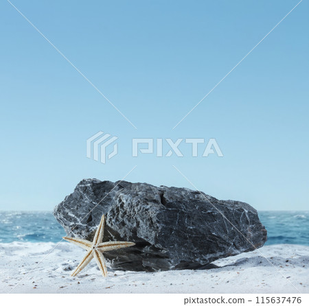 Background for cosmetic products on beach with sand. Natural rock stone podium and starfish. Empty showcase for packaging product presentation. Mock up pedestal in sunlight sea view 115637476
