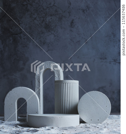 Background for cosmetic products grey and white concrete scene with geometric shapes. Concrete white podium. Empty showcase for packaging product presentation. Mock up pedestal Background for cosmetic products grey and white concrete scene with geometric shapes. Concrete white podium. Empty showcase for packaging product presentation. Mock up pedestal 115637486