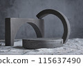Background for cosmetic products grey concrete scene with geometric shapes. Concrete round and arc grey podium. Empty showcase for packaging product presentation. Mock up pedestal 115637490