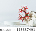 Background for cosmetic products white concrete scene with geometric shapes and red exotic flower. Concrete round white podium. Empty showcase for packaging product presentation. Mock up pedestal 115637491