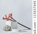 Background for cosmetic products white concrete scene with geometric shapes and red exotic flower. Concrete round white podium. Empty showcase for packaging product presentation. Mock up pedestal 115637495