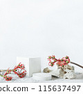 Background for cosmetic products white concrete scene with geometric shapes and red exotic flower. Concrete round white podium. Empty showcase for packaging product presentation. Mock up pedestal 115637497