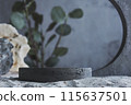 Background for cosmetic products grey concrete scene with geometric shape and natural rocks and leaves. Concrete grey podium. Empty showcase for packaging product presentation. Mock up pedestal 115637501