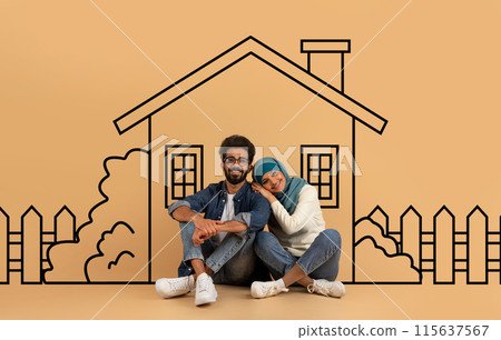 Eastern man and woman are seated on the ground directly in front of a residential building. They both appear relaxed and engaged in conversation, surrounded by a typical suburban setting. Eastern man and woman are seated on the ground directly in front of a residential building. They both appear relaxed and engaged in conversation, surrounded by a typical suburban setting. 115637567