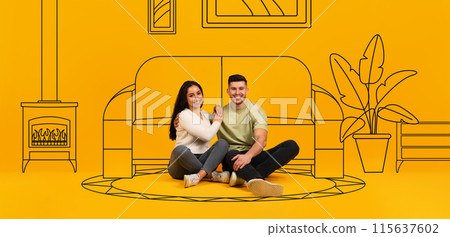 Smiling millennial arab and european couple on floor, dreams of own house, isolated on orange background studio, with abstract drawn living room furniture, interior, panorama. Renovation, buy home Smiling millennial arab and european couple on floor, dreams of own house, isolated on orange background studio, with abstract drawn living room furniture, interior, panorama. Renovation, buy home 115637602