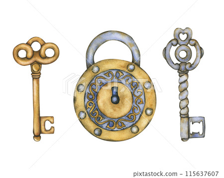Old Lock and keys in vintage style. Padlock isolated isolated on white background. Hand drawn Watercolor illustrations. Antique door lock in Gothic design 115637607