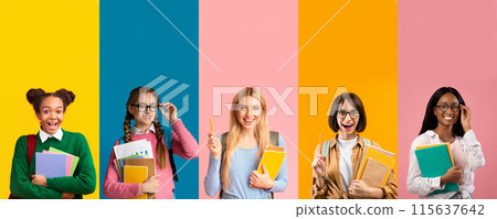 Education, college, school. Collection of diverse group of people multicultural young women students wearing backpacks and holding notepads, bright colorful gradient studio background wall, collage 115637642