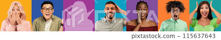 Happy shocked mature and young multiracial people on colored studio background enjoy win, with empty space with man silhouette, panorama, collage. Victory emotions, lifestyle, ad and offer 115637643