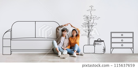 Smiling millennial asian couple making roof with hands on floor, buy home, isolated on white background studio, with abstract drawn furniture in living room interior, panorama. Dreams of renovation Smiling millennial asian couple making roof with hands on floor, buy home, isolated on white background studio, with abstract drawn furniture in living room interior, panorama. Dreams of renovation 115637659