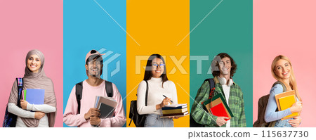 Multiethnic group of cheerful students stylish young men and women posing on colorful studio backgrounds, holding books, set of photos, web-banner, collage for student life, education concept Multiethnic group of cheerful students stylish young men and women posing on colorful studio backgrounds, holding books, set of photos, web-banner, collage for student life, education concept 115637730