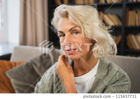Portrait of confident stylish European middle aged senior woman. Older mature 60s lady smiling at home. Happy attractive senior female looking camera close up face headshot portrait. Happy people Portrait of confident stylish European middle aged senior woman. Older mature 60s lady smiling at home. Happy attractive senior female looking camera close up face headshot portrait. Happy people 115637731