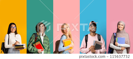International group of happy students stylish young men and women posing on colorful studio backgrounds, set of photos, web-banner, collage for student life, education concept 115637732