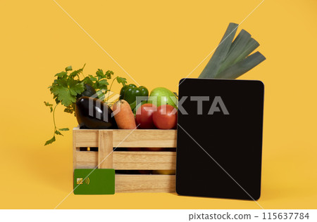 Online Grocery Shopping. Digital Tablet Computer With Empty Screen Standing Near Harvested Vegetables In Wooden Box On Yellow Studio Background. Mockup For Farm Business Advertisement 115637784