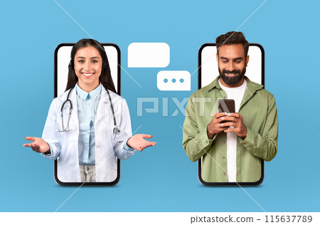 Woman doctor wearing a white coat is conducting an online health consultation with a smiling man patient through their smartphones. Both appear engaged in the conversation against a blue background. 115637789
