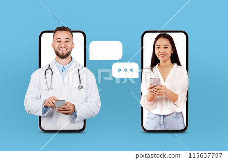 A doctor and a patient are engaged in a virtual medical consultation using their smartphones, smiling and appear engaged in the conversation, with speech bubbles indicating an ongoing dialogue. 115637797