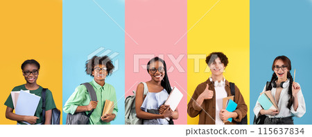 Diverse group of cheerful multiracial stylish young men and women students carrying backpacks books and notepads posing colorful background, collage. School, college, university, education Diverse group of cheerful multiracial stylish young men and women students carrying backpacks books and notepads posing colorful background, collage. School, college, university, education 115637834