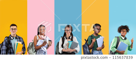 Education, college, school. Collection of diverse group of people multicultural young men and women students wearing backpacks and holding notepads, bright colorful gradient studio background wall Education, college, school. Collection of diverse group of people multicultural young men and women students wearing backpacks and holding notepads, bright colorful gradient studio background wall 115637839
