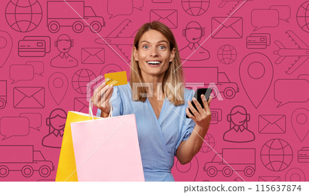Excited blonde woman shopahilic order goods online, holding colorful shopping bags and bank card, using smartphone over digital icons background, collage for ecommerce, online shopping concept Excited blonde woman shopahilic order goods online, holding colorful shopping bags and bank card, using smartphone over digital icons background, collage for ecommerce, online shopping concept 115637874