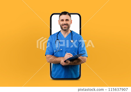 A middle aged man medical professional appears within a smartphone screen, engaging in a digital health consultation, inside a well-lit office 115637907