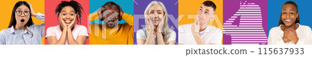 Shocked glad pensive old and millennial multiethnic man and woman on colored background, with empty space with female silhouette, panorama. Win, creating idea, emotions, lifestyle, ad and offer Shocked glad pensive old and millennial multiethnic man and woman on colored background, with empty space with female silhouette, panorama. Win, creating idea, emotions, lifestyle, ad and offer 115637933