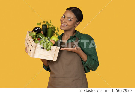 Organic Food. Smiling African American Farmer Lady Showing Her Garden Harvest Gesturing At Box With Fresh Vegetables And Fruits On Yellow Studio Background. Gardening And Agriculture Business Organic Food. Smiling African American Farmer Lady Showing Her Garden Harvest Gesturing At Box With Fresh Vegetables And Fruits On Yellow Studio Background. Gardening And Agriculture Business 115637959