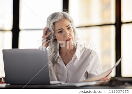 Entrepreneurship Paperwork Problem. Unhappy Businesswoman Looking At Paper Bills And Documents Working In Front Of Laptop Computer, Having Issue With Taxes In Modern Office Indoor 115637975