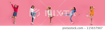 Glad happy young women in casual dancing, have fun, isolated on pink studio background, panorama, full length. Party, sale and beauty care, fashion, lifestyle, ad and offer 115637987