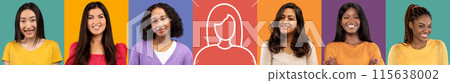 Ad and offer, social networks. Glad young multiracial women on colored studio background, with empty space with lady silhouette, panorama, collage. Human emotions, lifestyle and health care Ad and offer, social networks. Glad young multiracial women on colored studio background, with empty space with lady silhouette, panorama, collage. Human emotions, lifestyle and health care 115638002