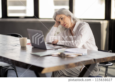 Professional Burnout. Tired Mature Businesswoman Looking At Laptop, Exhasuted After Stressful Online Work, Sitting At Desk In Modern Office Interior. Workplace Problems And Fatigue Concept 115638027