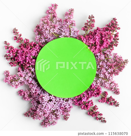 Branches of blooming purple lilac on gray background with around green round shape made of paper for text. Copy space, flat lay, mockup for special offers as advertising or other ideas Branches of blooming purple lilac on gray background with around green round shape made of paper for text. Copy space, flat lay, mockup for special offers as advertising or other ideas 115638070