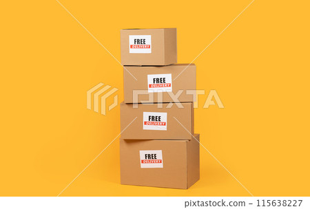 Four identical boxes with free delivery text are arranged vertically on a vibrant yellow background. The boxes are stacked neatly on top of each other 115638227