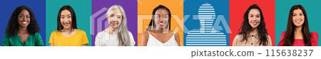 Positive old and young international female with empty human silhouette on colored studio background, collage, panorama. Healthcare, meeting, positive emotions and lifestyle 115638237
