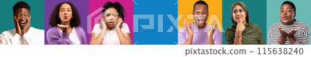 Scared shocked happy thoughtful young multiethnic people on colored studio background, with free space, panorama, collage. Human emotions, win, blowing kiss, lifestyle, ad and offer Scared shocked happy thoughtful young multiethnic people on colored studio background, with free space, panorama, collage. Human emotions, win, blowing kiss, lifestyle, ad and offer 115638240