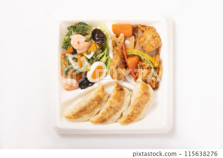 Chinese 3-item assortment (fried salted shrimp, sweet and sour pork, gyoza) 115638276