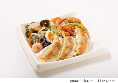 Chinese 3-item assortment (fried salted shrimp, sweet and sour pork, gyoza) 115638278