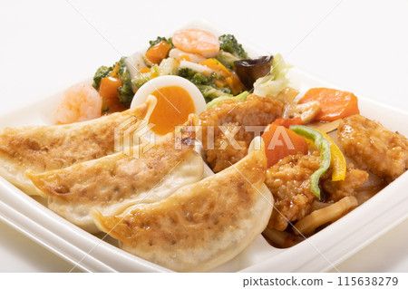 Chinese 3-item assortment (fried salted shrimp, sweet and sour pork, gyoza) 115638279