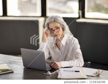 Career, Employment. Serious Businesswoman With Gray Hair Looking At Camera Through Glasses, Using Laptop Computer At Workplace Indoors, Sitting And Working Online, Searching New Job Applicants Career, Employment. Serious Businesswoman With Gray Hair Looking At Camera Through Glasses, Using Laptop Computer At Workplace Indoors, Sitting And Working Online, Searching New Job Applicants 115638290