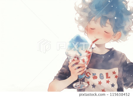 Illustration of a boy eating shaved ice 115638452