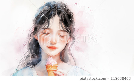 一個女人吃冰淇淋的水彩插圖 115638463