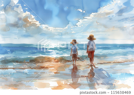 A watercolor illustration of a child watching the sunset at the beach in summer 115638469