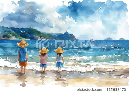 A watercolor illustration of children looking at the blue sea and sky between the waves 115638470