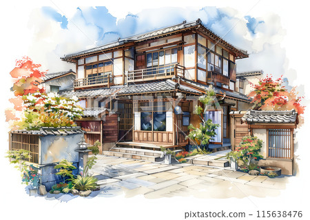 日本舊民宅和舊民居的水彩風格圖像 115638476