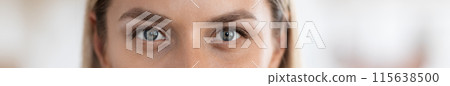 Beautiful eyes of caucasian millennial woman in her 30s, blurred background, web-banner, panorama with copy space for advertisement. Aesthetic medicine, plastic surgery, beauty treatment Beautiful eyes of caucasian millennial woman in her 30s, blurred background, web-banner, panorama with copy space for advertisement. Aesthetic medicine, plastic surgery, beauty treatment 115638500