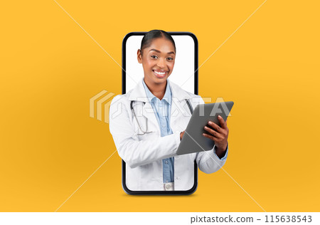 A young black lady physician offers remote consultation, visible on a smartphone screen, surrounded by soft lighting and medical charts. 115638543